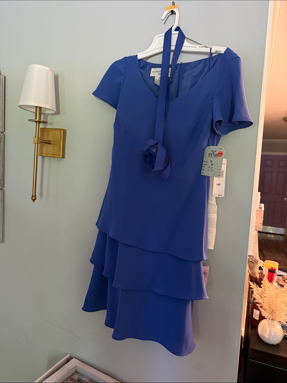Evan Picone Royal Blue Tiered Short-Sleeve Dress with Neck Tie